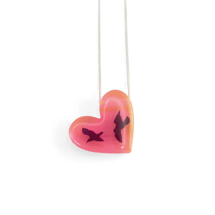 Pink Heart Birds Necklace